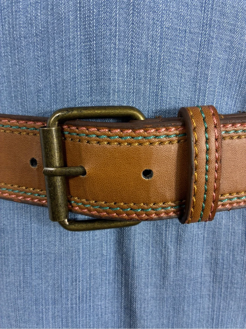 Womens belt 38” long Brown Faux Leather with Contrast Stitching